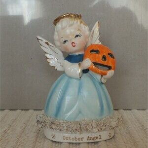 Vtg 1950’s FINE A QUALITY October Halloween Angel Pumpkin Mask Ceramic Figurine